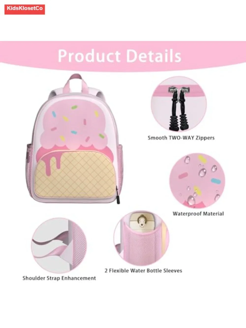 3D Ice Cream Toddler Backpack Water-Resistant Preschool Schoolbag